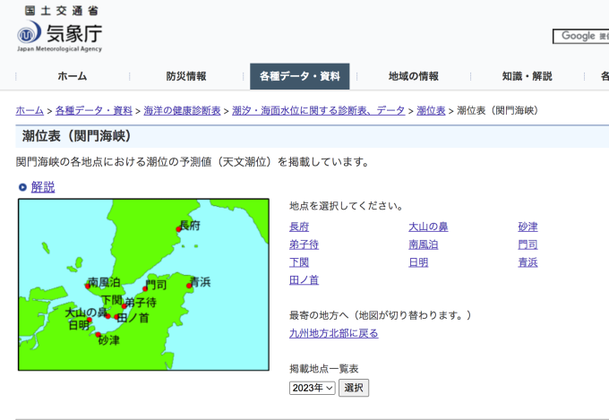 関門海峡　潮流表　潮の流れ