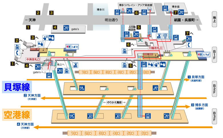 中洲川端駅　乗り換え　空港線　貝塚線　博多駅　天神