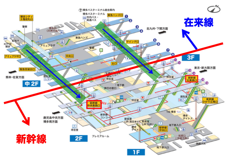 博多駅　在来線から新幹線への乗り換え方法