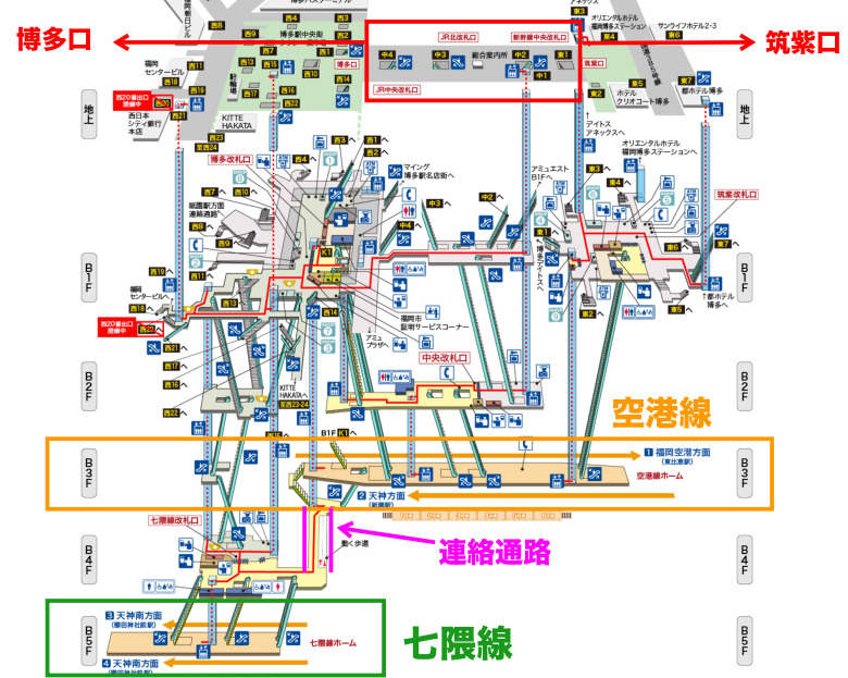 博多駅　JRから地下鉄　乗り換え時間　所要時間　フロアガイド  空港線　七隈線